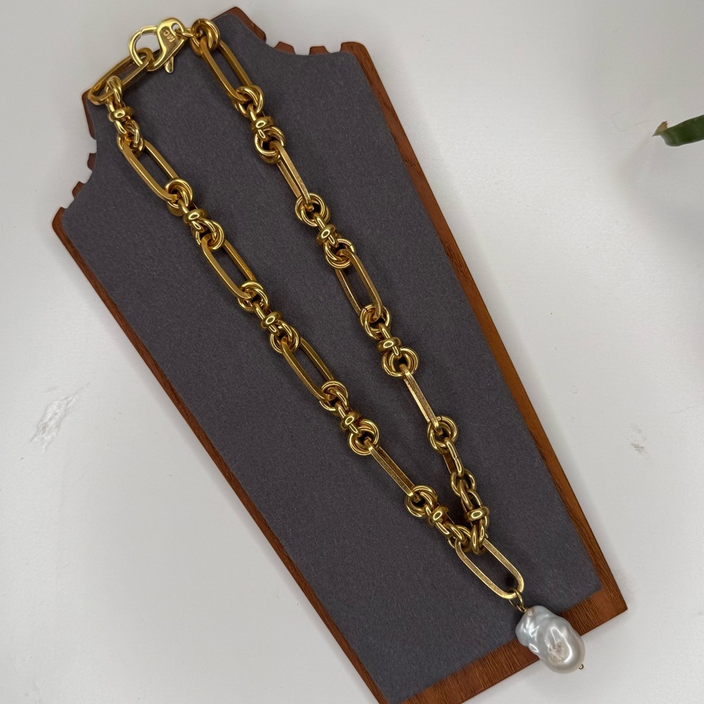 Martha Calvo 14K Gold Plated Palm Pearl Necklace Paperclip Chain - Picture 7 of 10